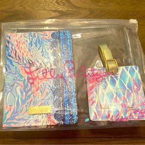 Lilly Pulitzer Travel Set with clear toiletry bag, passport holder, & bag tag.